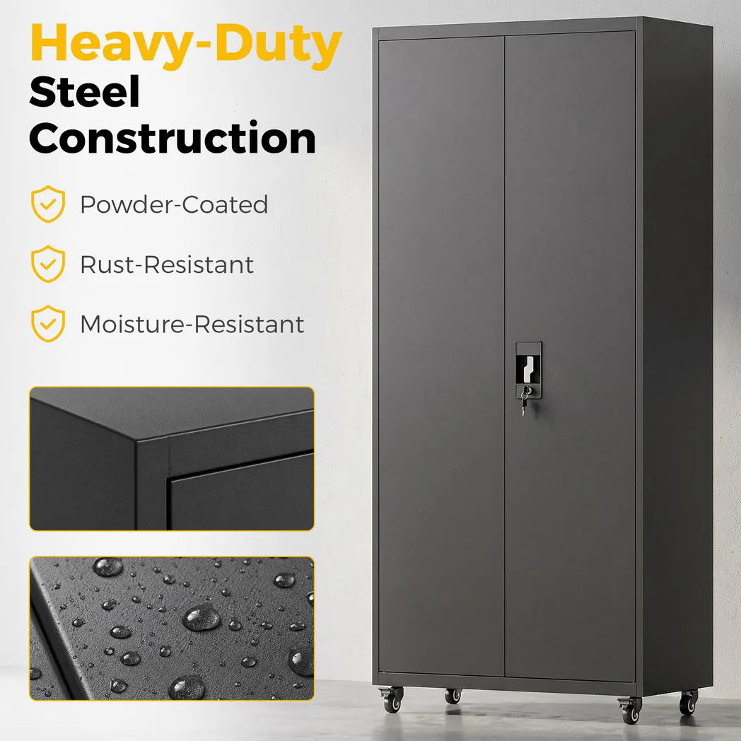 HOMCOM Lockable Metal Storage Cabinet with Removable Wheels and 4 Adjustable Shelves – 180 cm Steel Tool Cabinet
