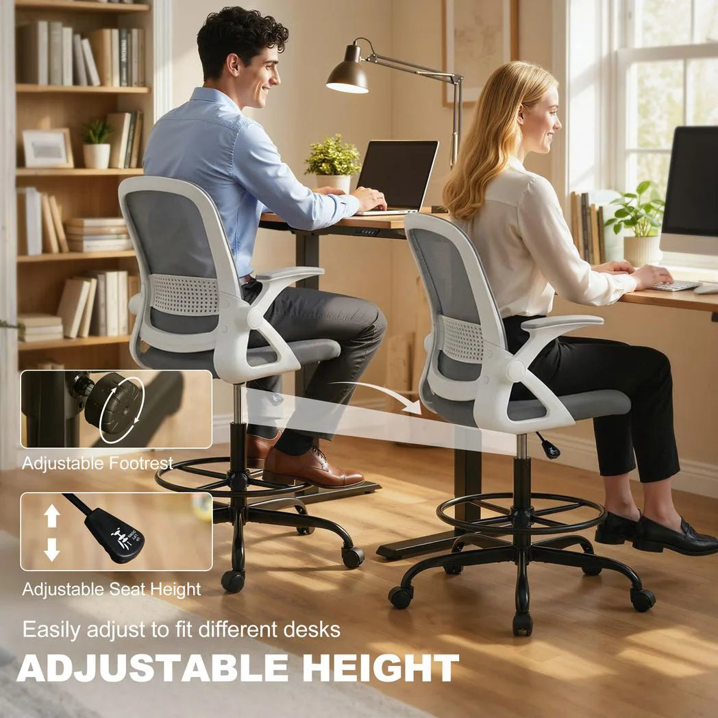 HOMCOM Painting Chair with Mesh Back, Adjustable Footrest & Flip-up Armrests – Sit-Stand Desk Chair, Grey