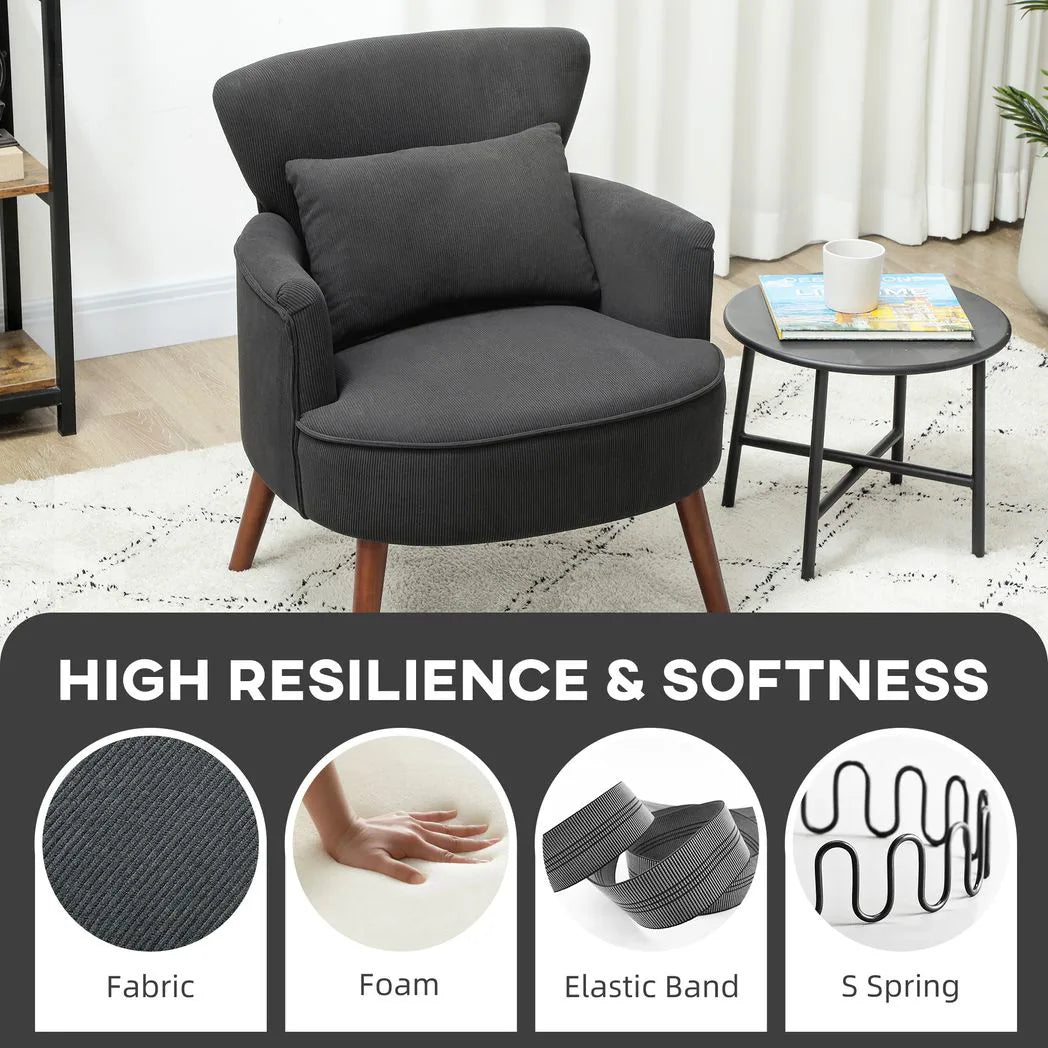 HOMCOM Corduroy Retro Accent Chair with Wing Back, Wood Frame and Cushion – Curved Armchair for Living Room, Black