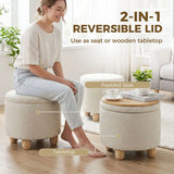 HOMCOM Round Storage Ottoman with Reversible Lid and Rubberwood Legs – 19L Sitting Bench, Beige