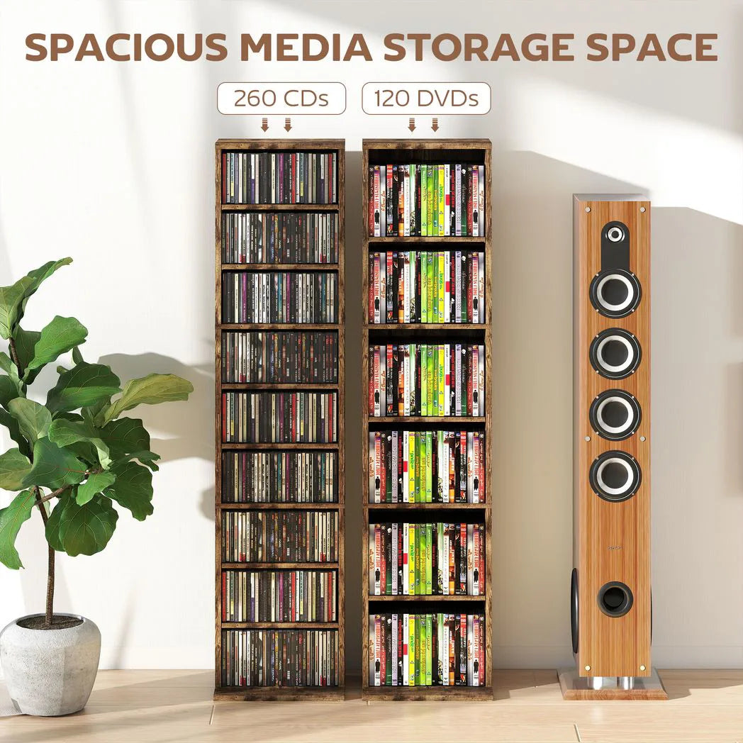 HOMCOM Narrow CD Storage Tower for 260 CDs or 120 DVDs with Adjustable Shelves – Rustic Brown