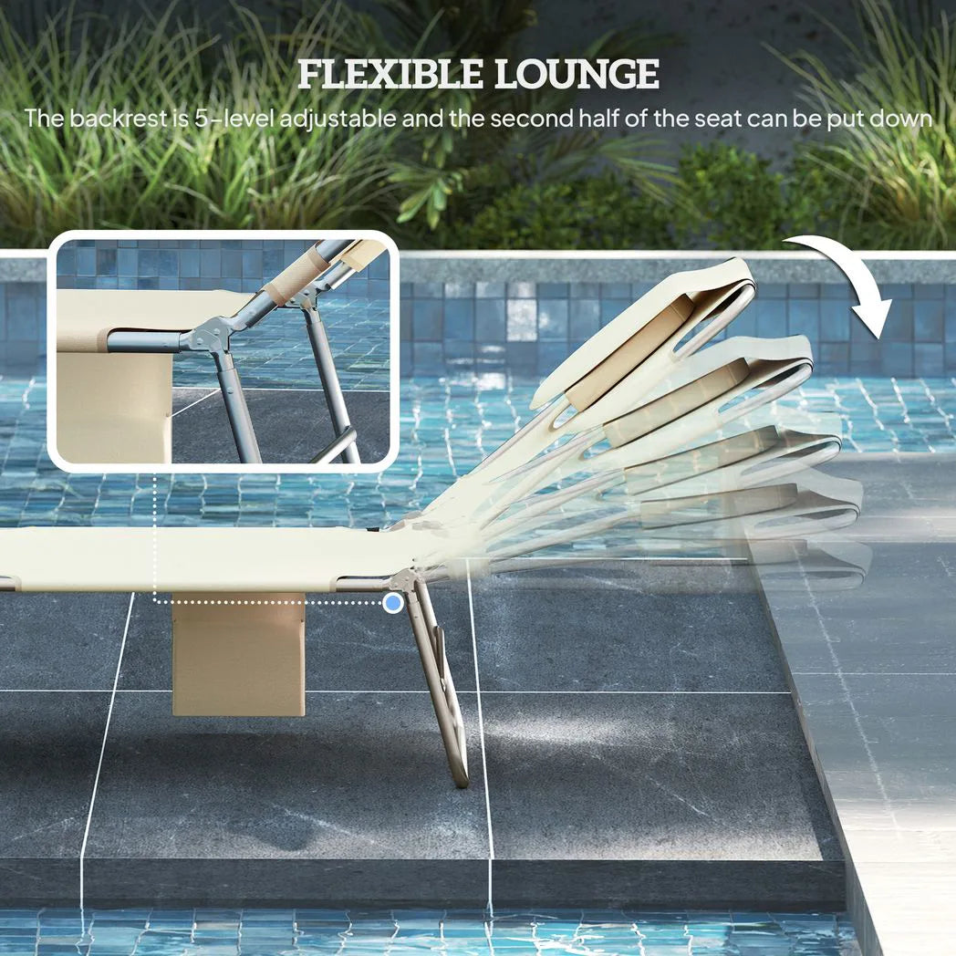Outsunny Set of 2 Folding Sun Loungers with 5-Position Backrest, Face Hole and Side Pocket, Beige