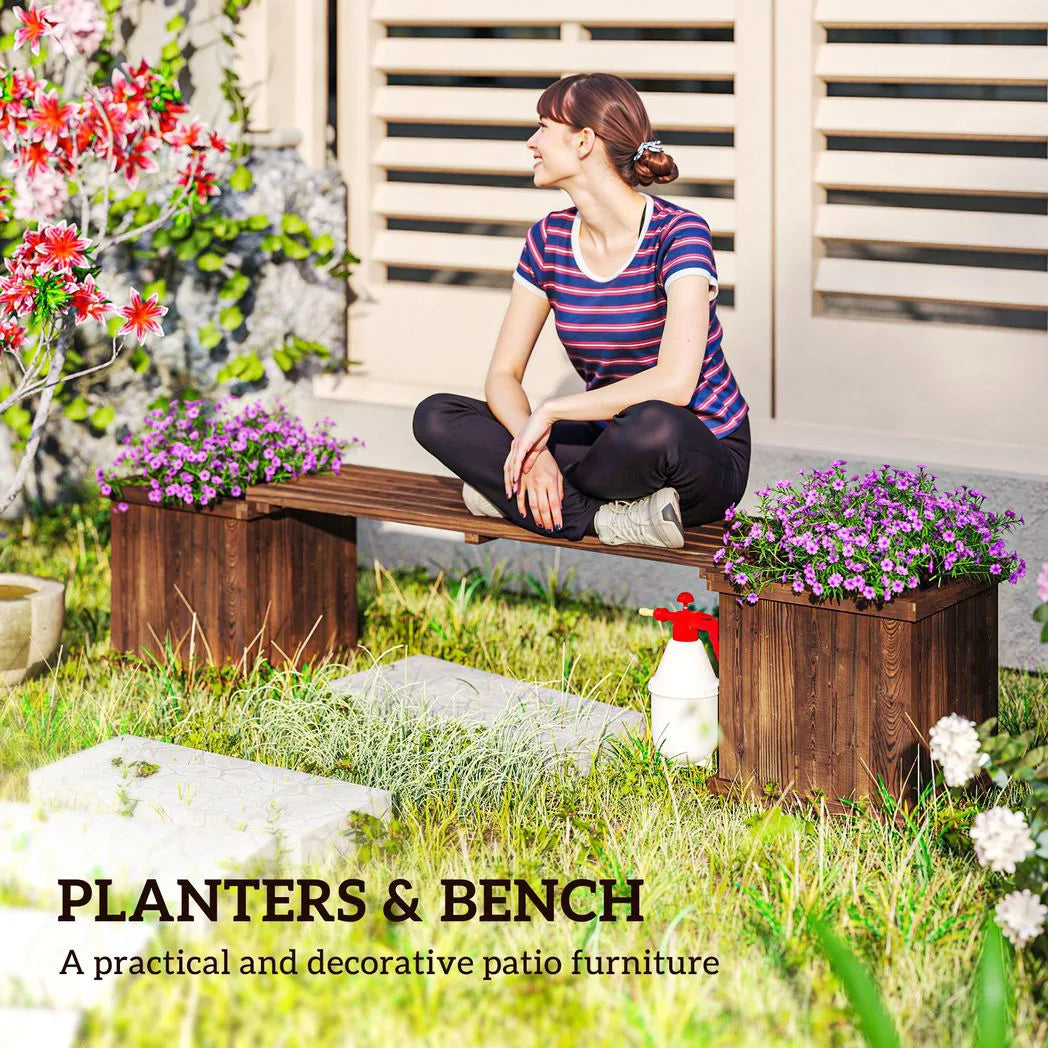 Outsunny Wooden Planter & Bench Combination with Raised Beds, Carbonised Finish – Patio Seating, 176cm
