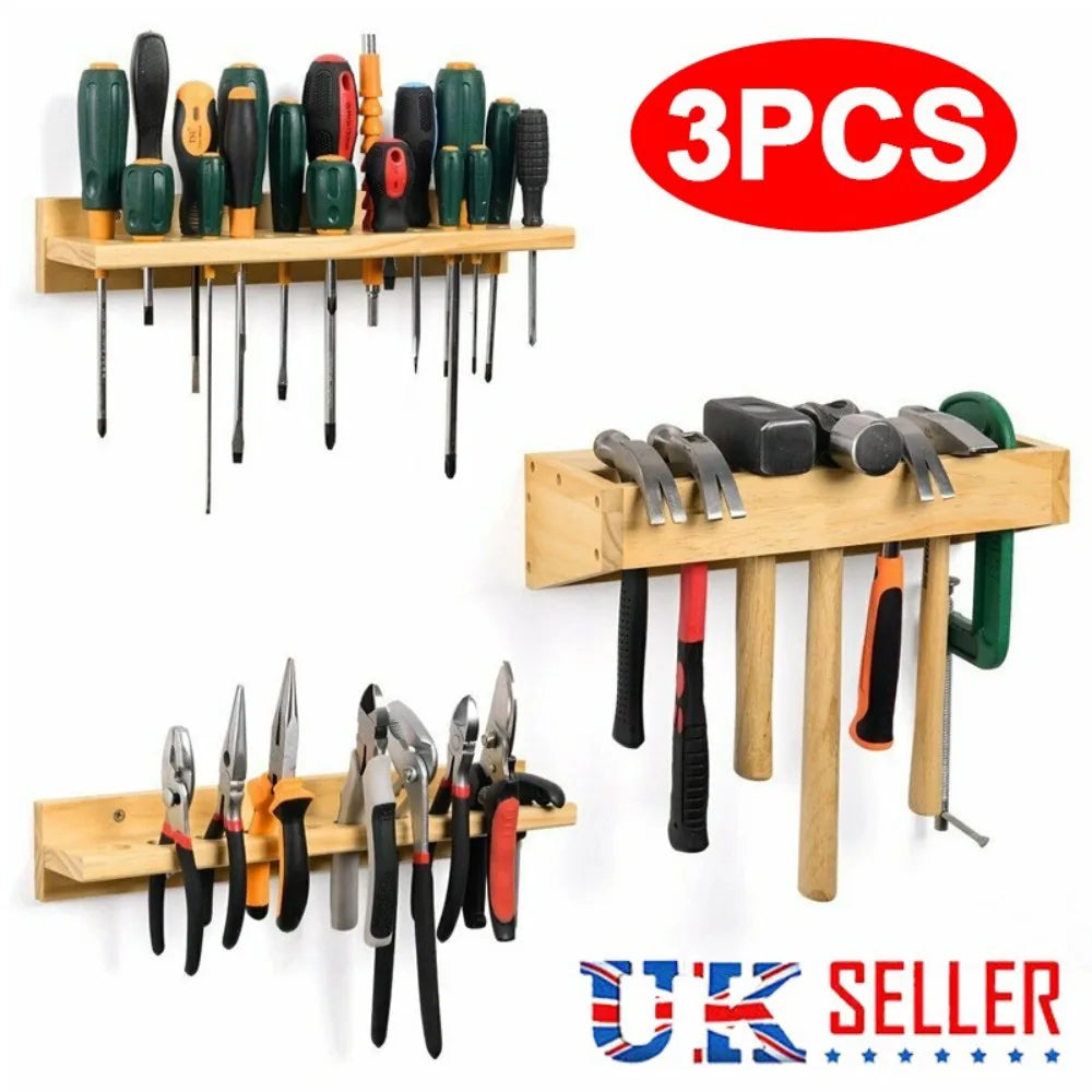 Wall-Mounted Pine Wood Tool Rack, Set of 3 – Workshop Screwdriver, Pliers and Hammer Organiser