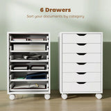 HOMCOM 6-Drawer Vertical File Cabinet with Quiet Runners & Lockable Wheels – Mobile Under Desk Storage, White