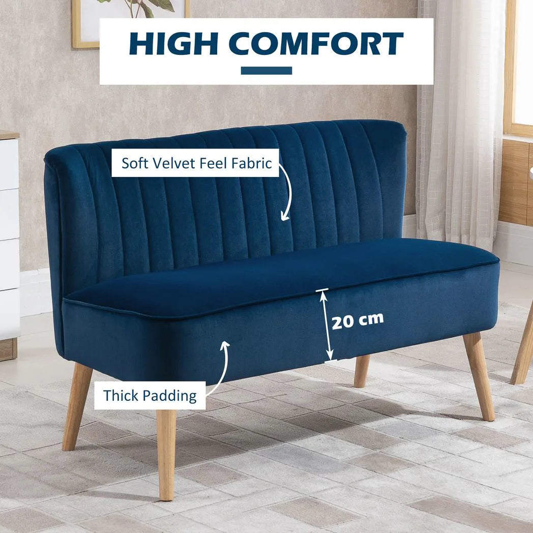 HOMCOM Modern Two-Seater Sofa with Foam Padding & High Back – Compact Velvet-Feel Loveseat for Home Office, Dark Blue