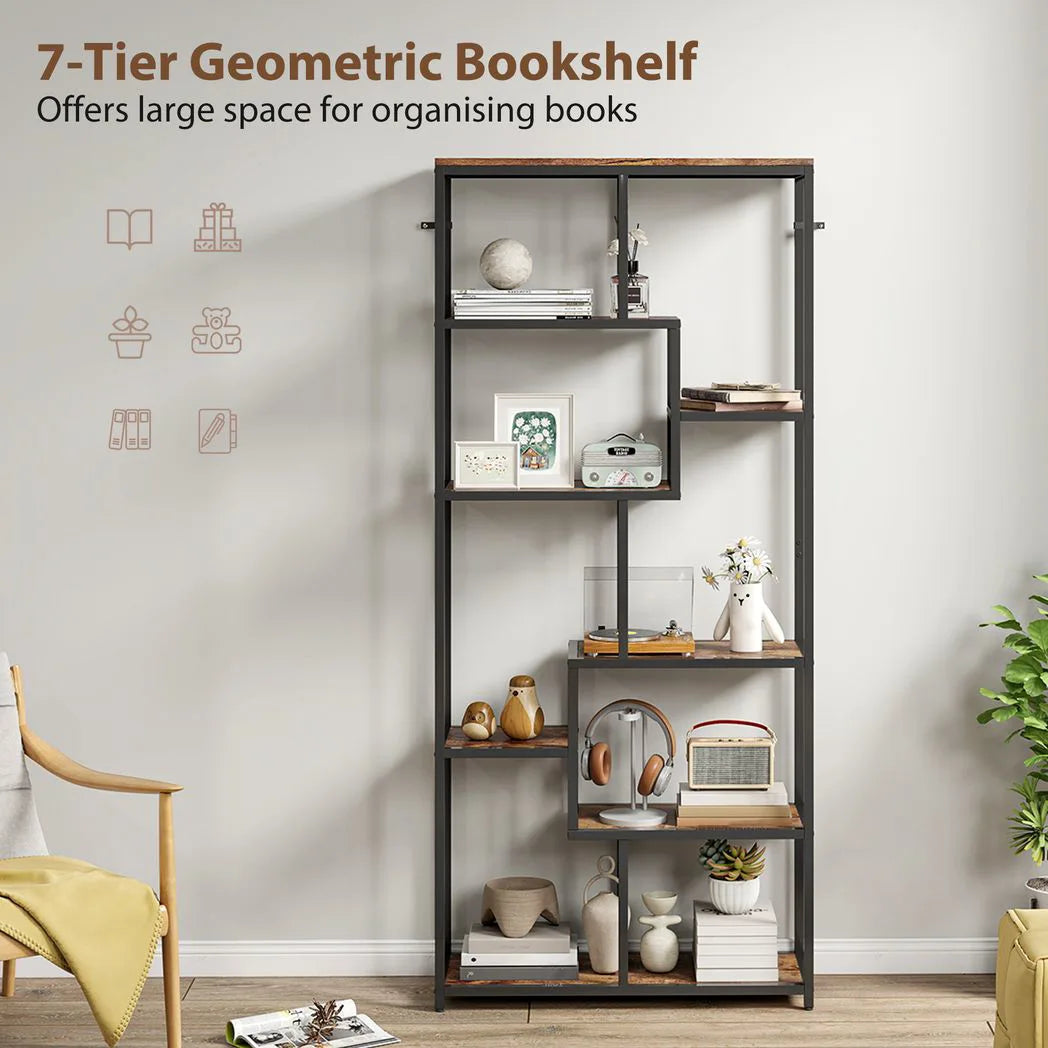 HOMCOM Seven-Tier Geometric Bookcase with Metal Frame & Anti-Tipping Straps – Asymmetrical Storage, Brown
