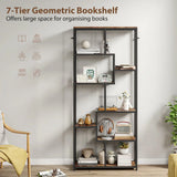 HOMCOM Seven-Tier Geometric Bookcase with Metal Frame & Anti-Tipping Straps – Asymmetrical Storage, Brown