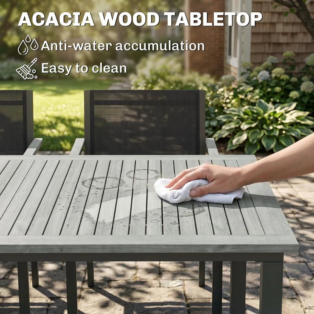 Outsunny 7-Piece Garden Dining Set for 6 with Acacia Wood Table & Stackable Texteline Chairs, Grey