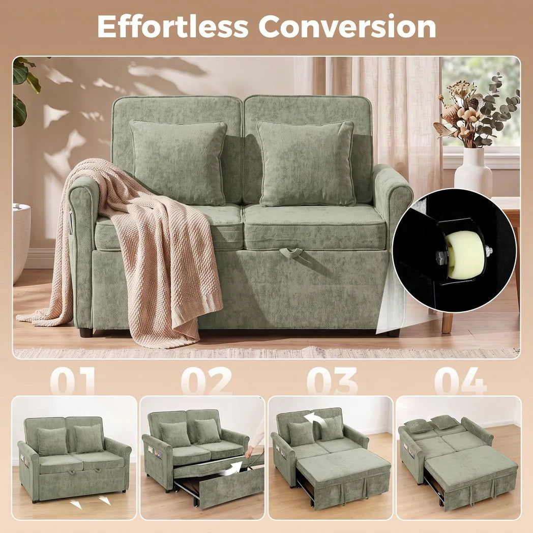 HOMCOM 2 Seater Sofa Bed, 3-in-1 Convertible Chenille Sleeper Sofa with 5-Position Backrest – Light Green