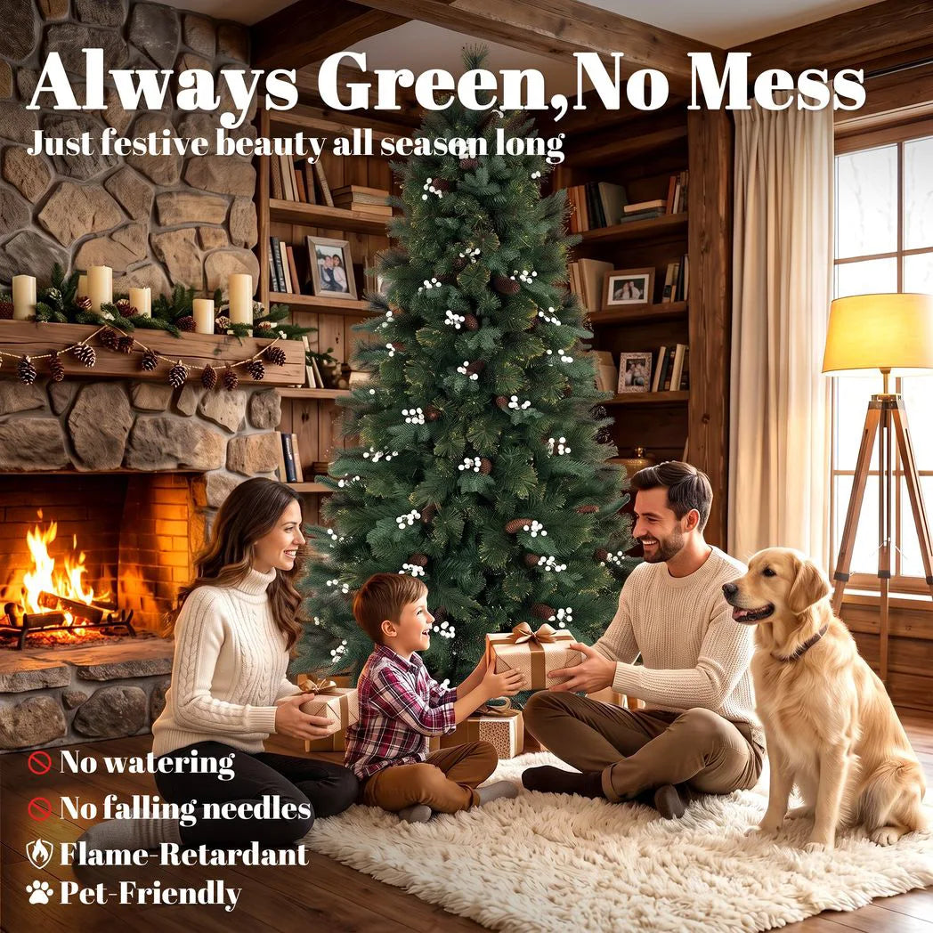 HOMCOM 6ft Pre-Decorated Hinged Christmas Tree with 716 Tips, Berries and Foldable Metal Stand, Green