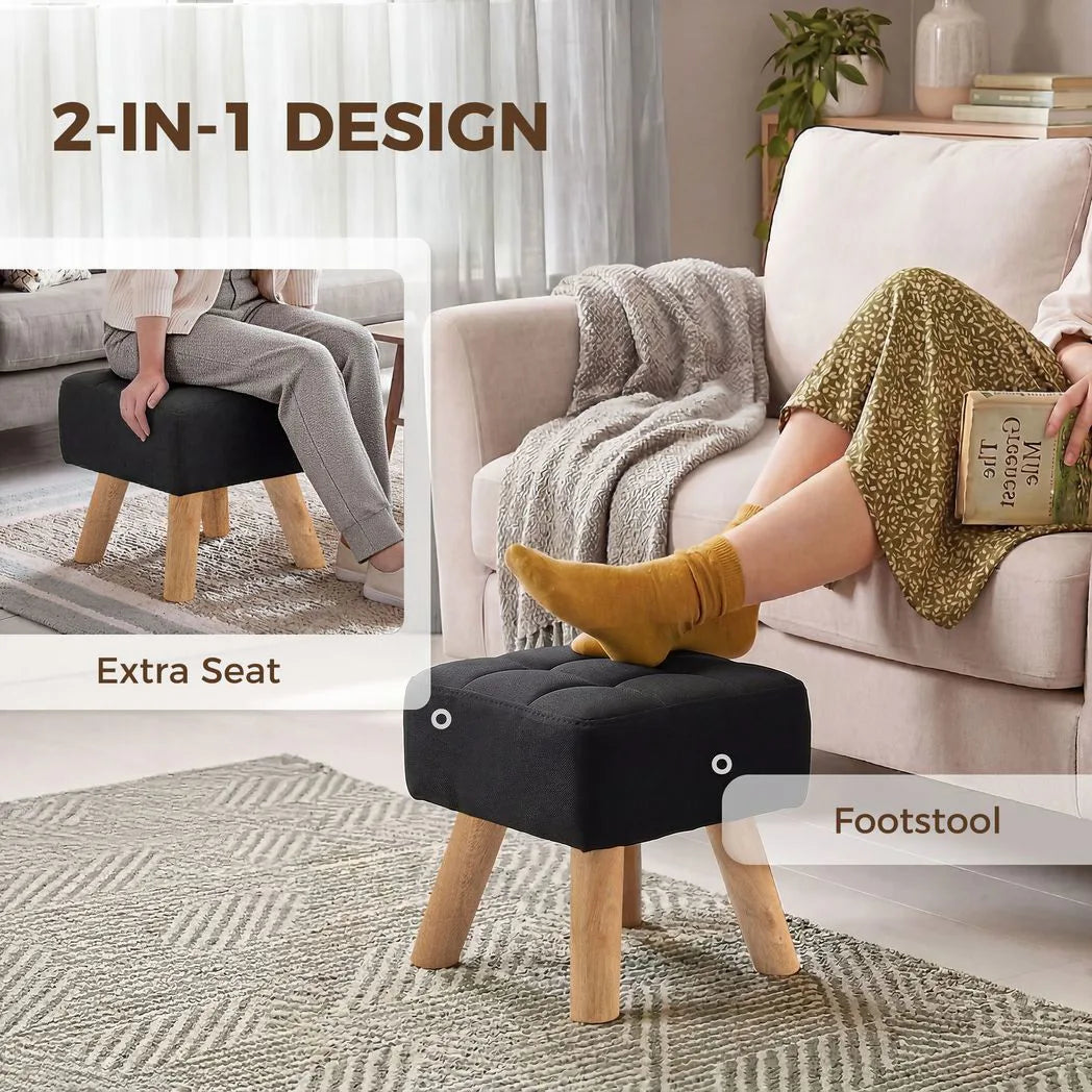 HOMCOM Linen-Look Square Padded Footstool with Wooden Legs – Leg Rest and Vanity Stool, Black