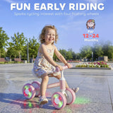 AIYAPLAY Baby Balance Bike for 1–2 Years with Four Light-up EVA Wheels and Adjustable Seat – Toddler Ride-On, Pink