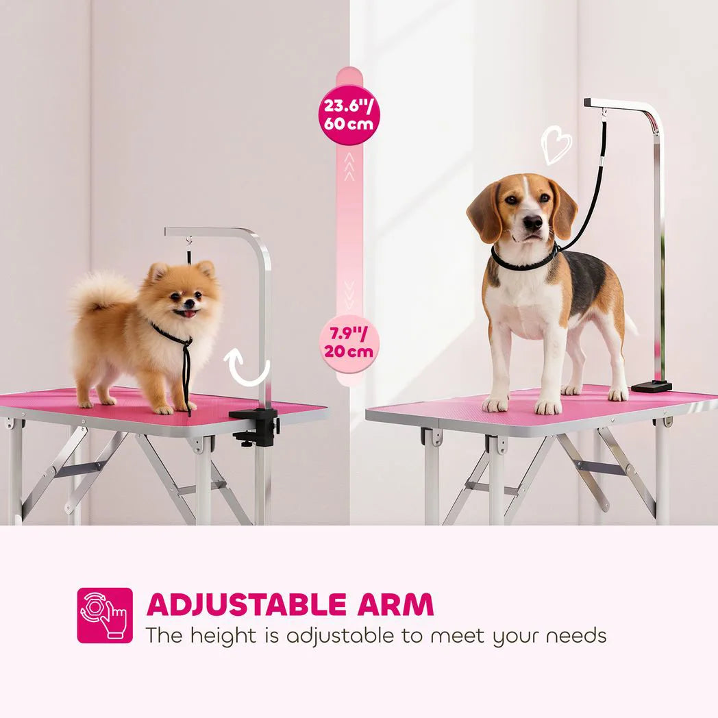 PawHut Foldable Dog Grooming Table with Adjustable Arm, Non-Slip Rubber Top and Noose – Pet Drying Table, 81cm, Pink
