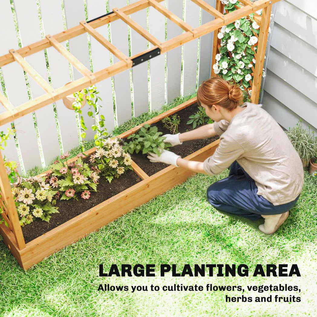 Outsunny Wooden Raised Planter with Trellis, Hanging Roof and 8 Drainage Holes – Fir Wood Garden Bed
