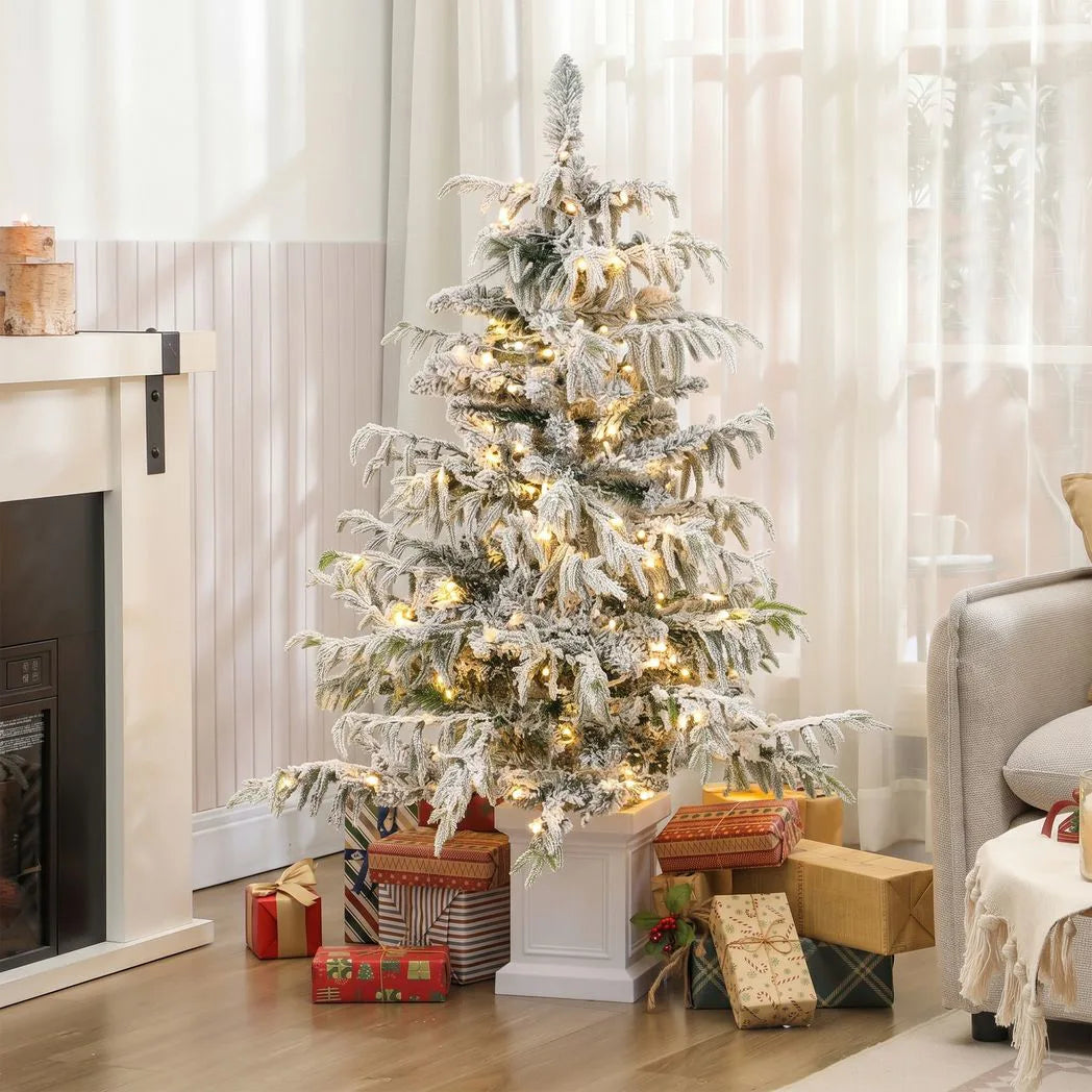 HOMCOM 4ft Pre-Lit Flocked Christmas Tree with 160 Warm White LEDs and 8 Modes – Snow Spruce, Green