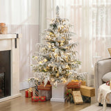 HOMCOM 4ft Pre-Lit Flocked Christmas Tree with 160 Warm White LEDs and 8 Modes – Snow Spruce, Green