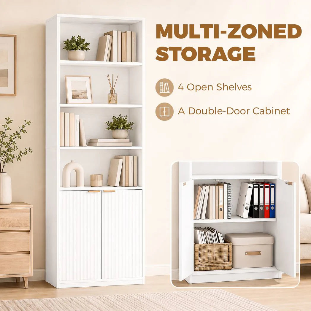 HOMCOM 6-Tier Slim Bookcase with Adjustable Shelf, Cabinet and Anti-Tip Hardware – Tall Bookshelf, White