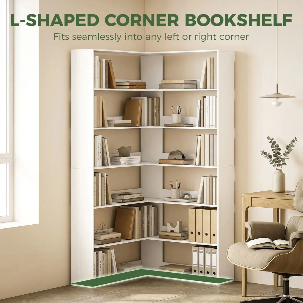 HOMCOM 7-Tier L-Shaped Corner Bookcase with Rear Guards and Anti-Tip Hardware – Bookshelf, White Wood Effect