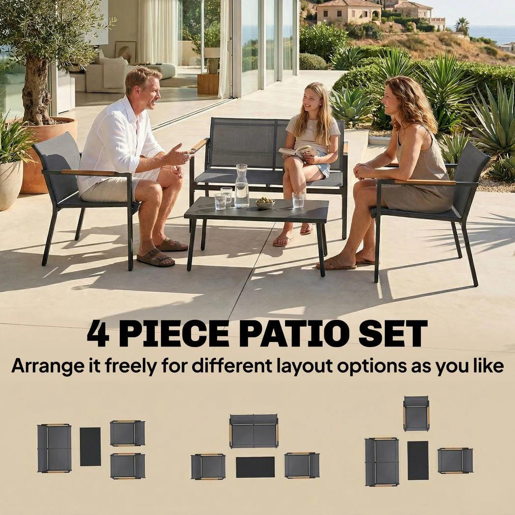 Outsunny 4 Seater Metal Garden Sofa Set – Loveseat, Two Armchairs and Coffee Table with Breathable Mesh Seats, Grey