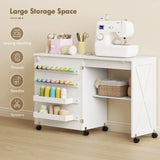 HOMCOM Folding Sewing Table with Storage, Shelf and Lockable Casters – Rolling Craft Table for Small Spaces, White
