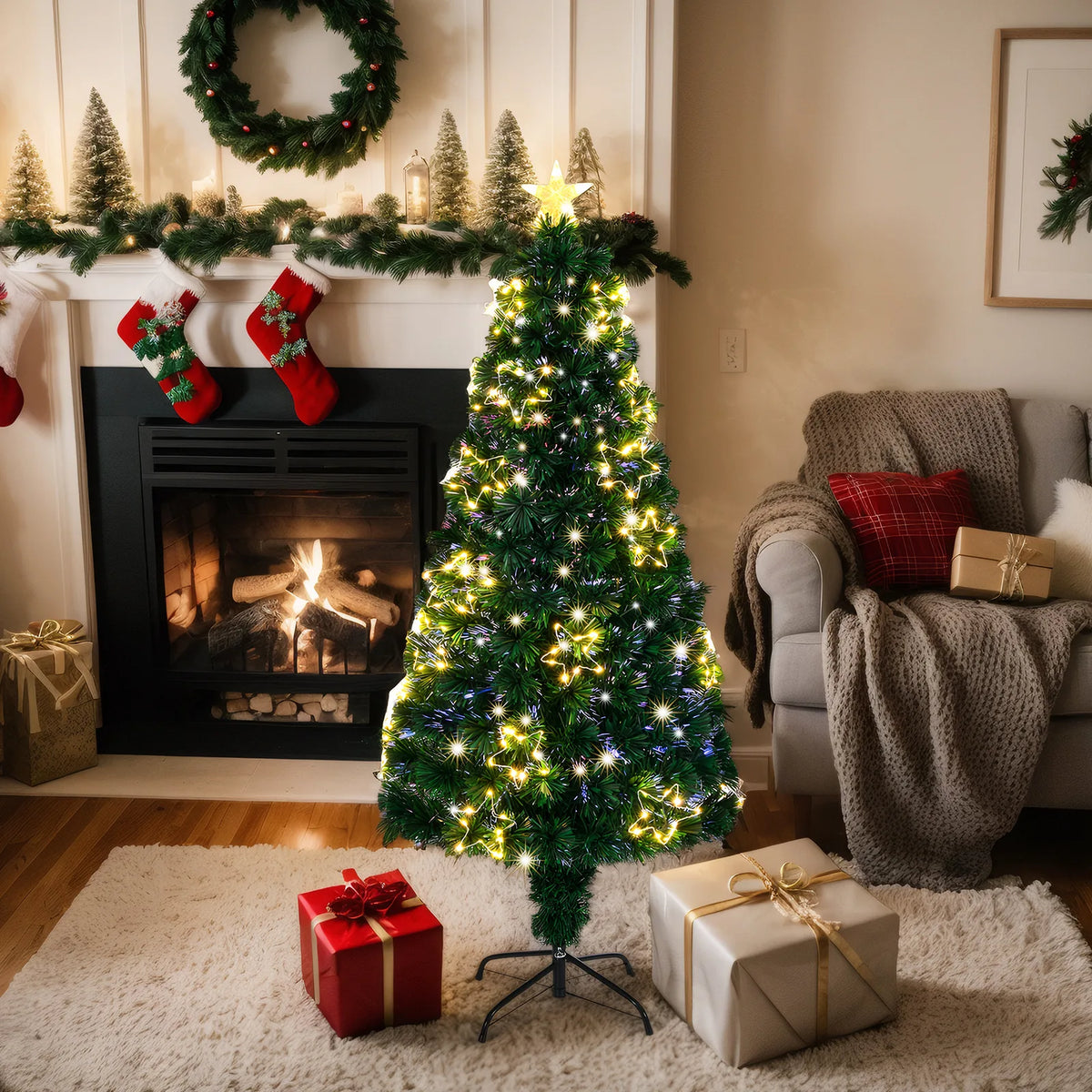4ft Pre-Lit Fibre Optic Christmas Tree with Star Topper – 130 Branch Tips, Green