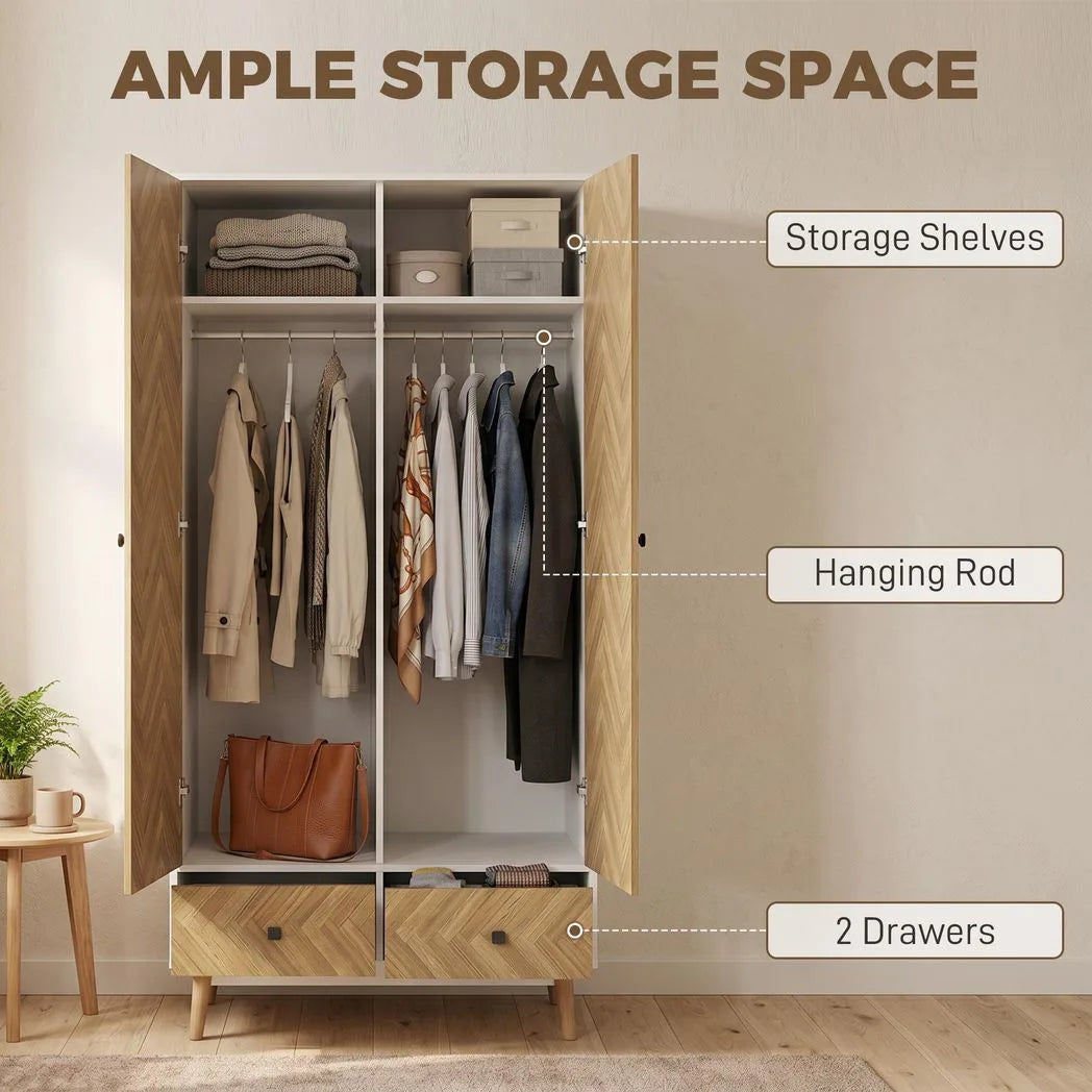 HOMCOM Modern Wardrobe with 2 Hanging Rods, 2 Shelves and 2 Drawers – Wood-Effect Bedroom Storage, White