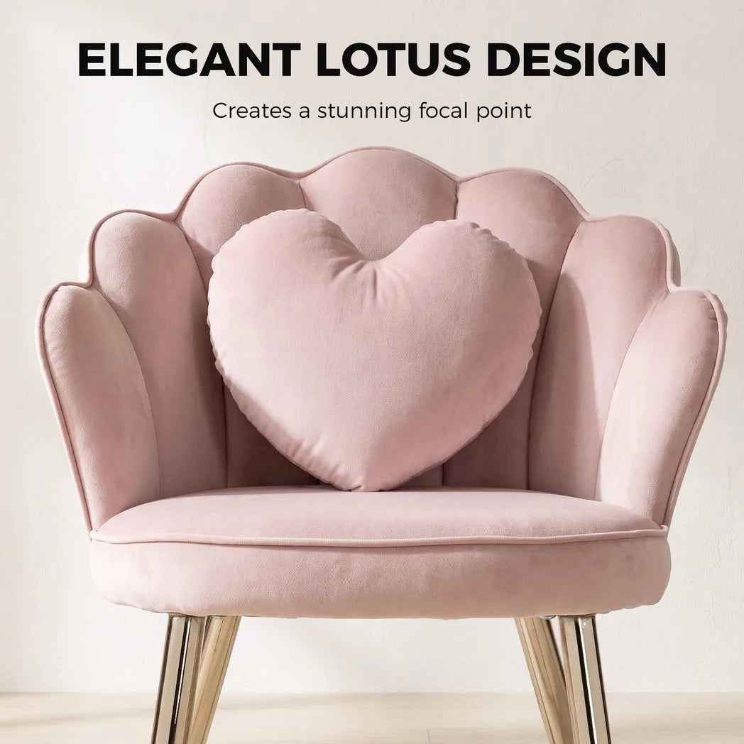 HOMCOM Velvet Accent Chair with Lotus Back, Heart Lumbar Pillow and Gold Tone Metal Legs, Soft Pink