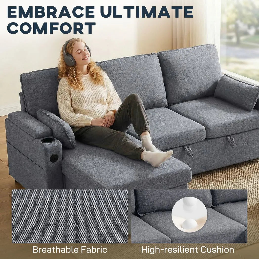 HOMCOM Corner Sofa Bed with Reversible Storage Chaise, Pocket Springs and USB Charging – L Shaped, Grey