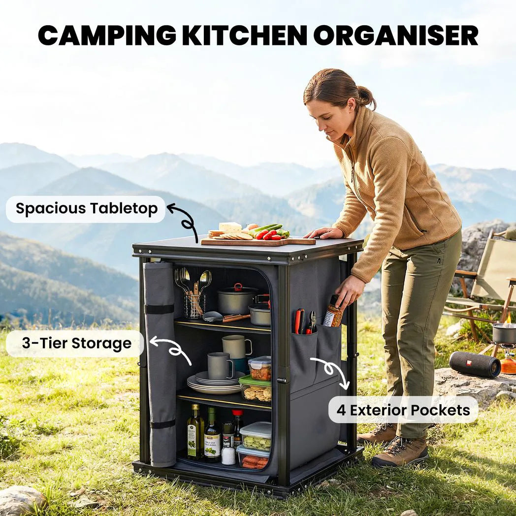 Outsunny Folding Camping Kitchen Cupboard with 3-Tier Storage and Adjustable Feet – Aluminium, Black
