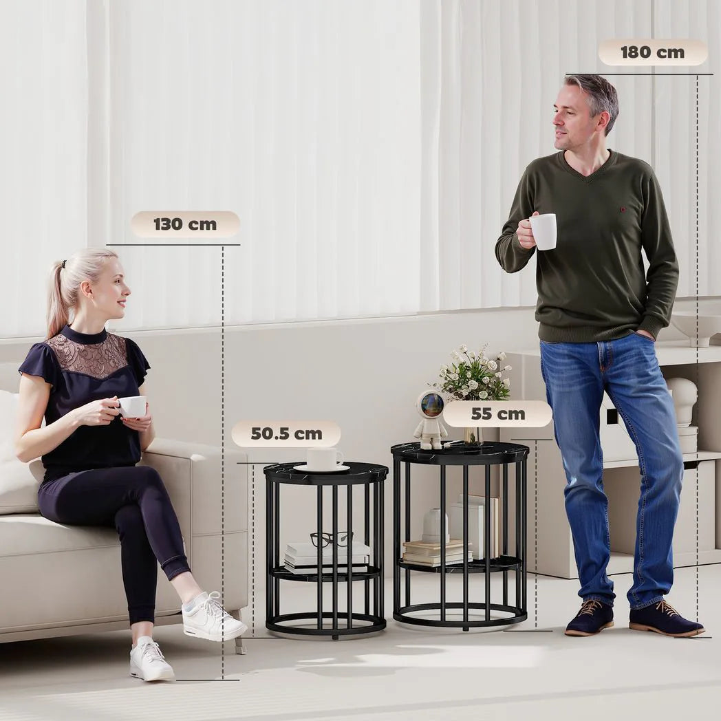 HOMCOM Set of 2 Round Marble-Effect Coffee Tables with Black Steel Legs and Bottom Shelf – Two-Tier