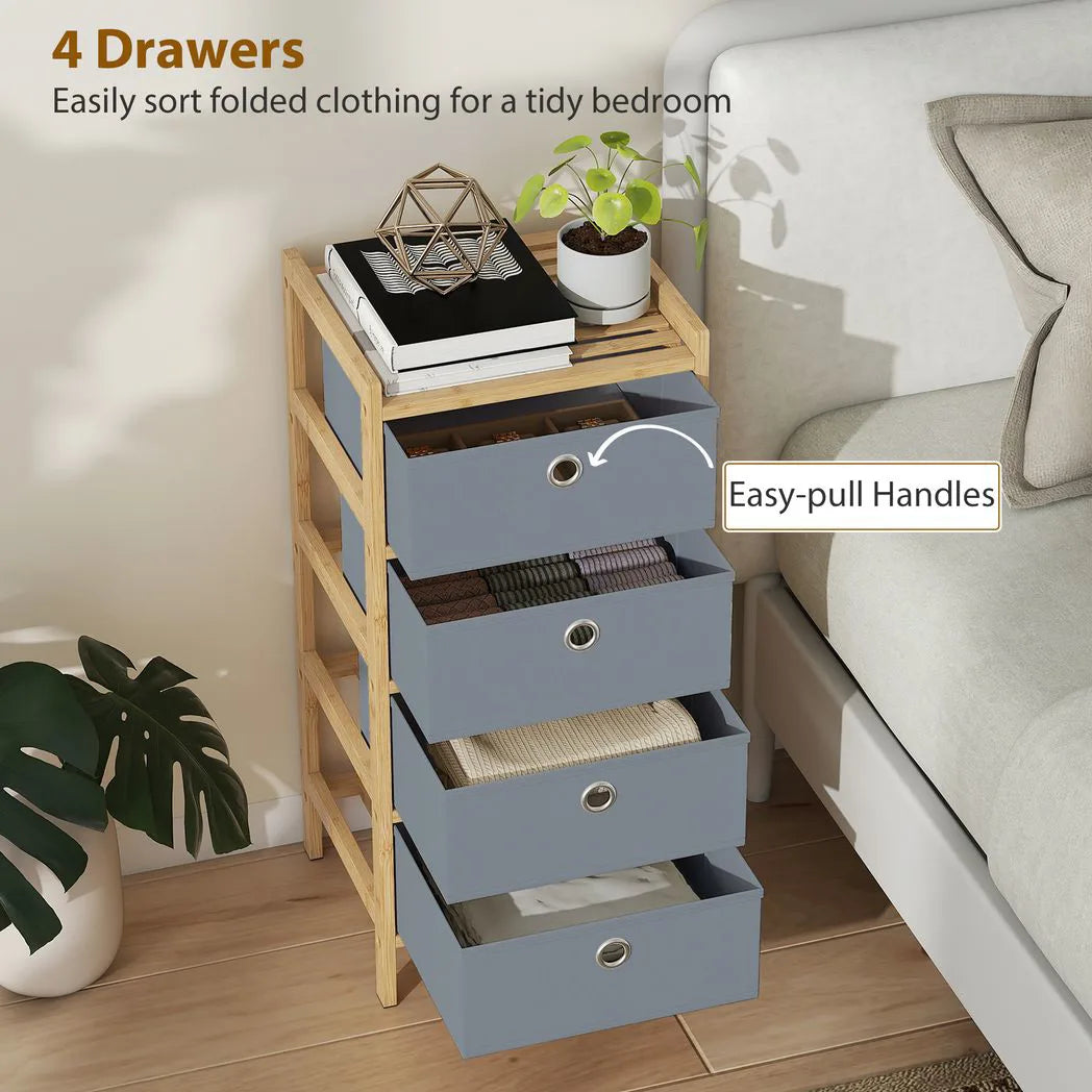 HOMCOM Chest of Drawers with 4 Fabric Drawers – Narrow Bedroom Dresser with Bamboo Frame, Light Grey