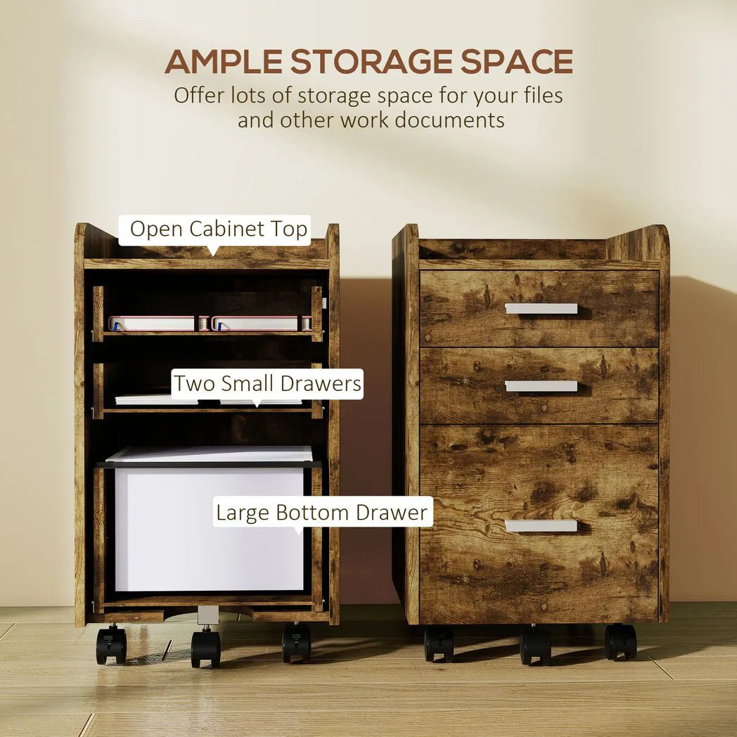 HOMCOM 3 Drawer Rolling Filing Cabinet for A4 and Letter Hanging Files – Under-Desk Storage, Rustic Brown
