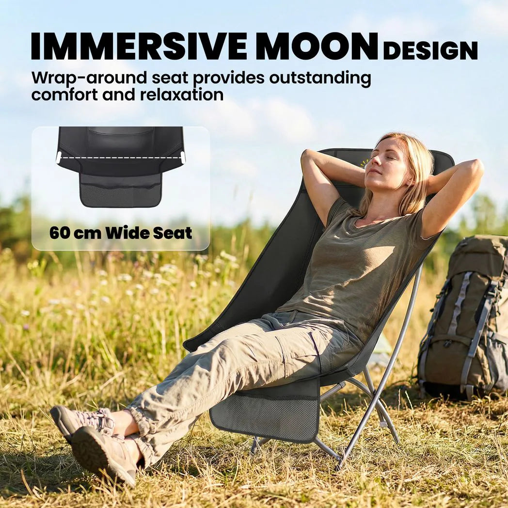 Outsunny Folding Moon Chair with Side Pocket & Carry Bag – Heavy Duty 120kg Camping Chair for Adults, Black