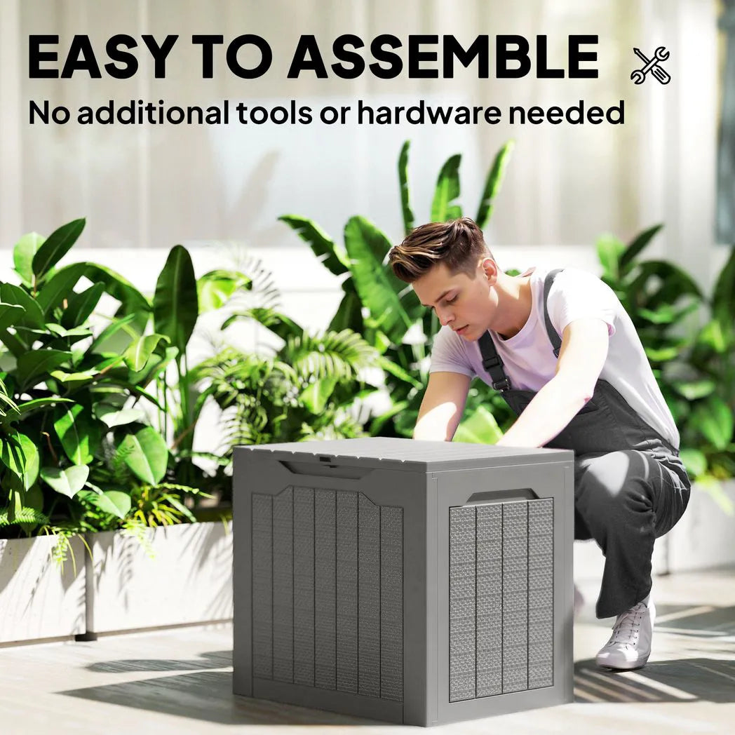 Outsunny 73L Plastic Garden Storage Box with Handles and Padlock Loop – Waterproof Outdoor Container, Khaki