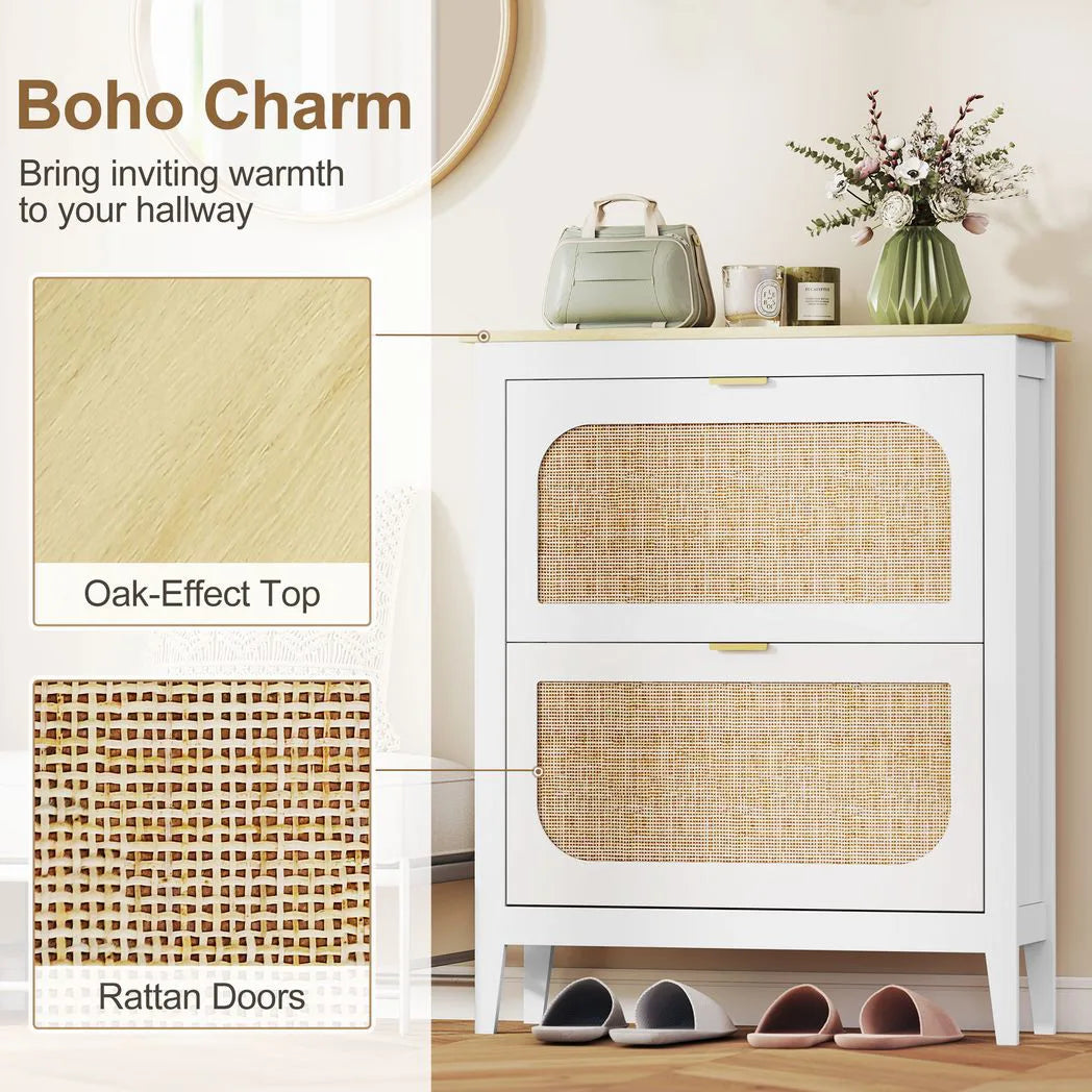 HOMCOM Boho Slim Shoe Cabinet with 2 Flip Drawers and Rattan Doors – Holds 14 Pairs, White