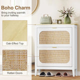 HOMCOM Boho Slim Shoe Cabinet with 2 Flip Drawers and Rattan Doors – Holds 14 Pairs, White