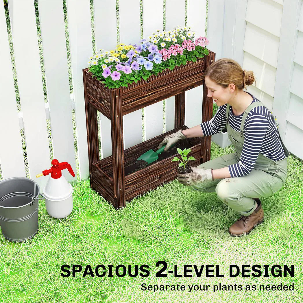 Outsunny 2-Tier Wooden Raised Planter – Elevated Garden Bed on Legs with Liner and Drainage Holes, 70cm