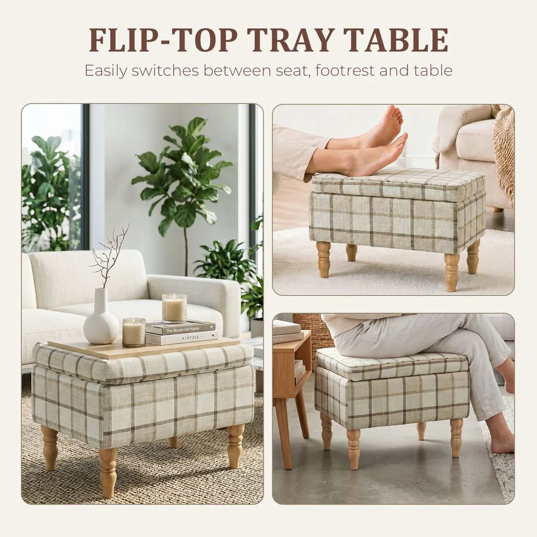 HOMCOM Linen Upholstered Footstool with Hidden Storage – Rectangular Ottoman with Flip-Top Tray Lid, Brown