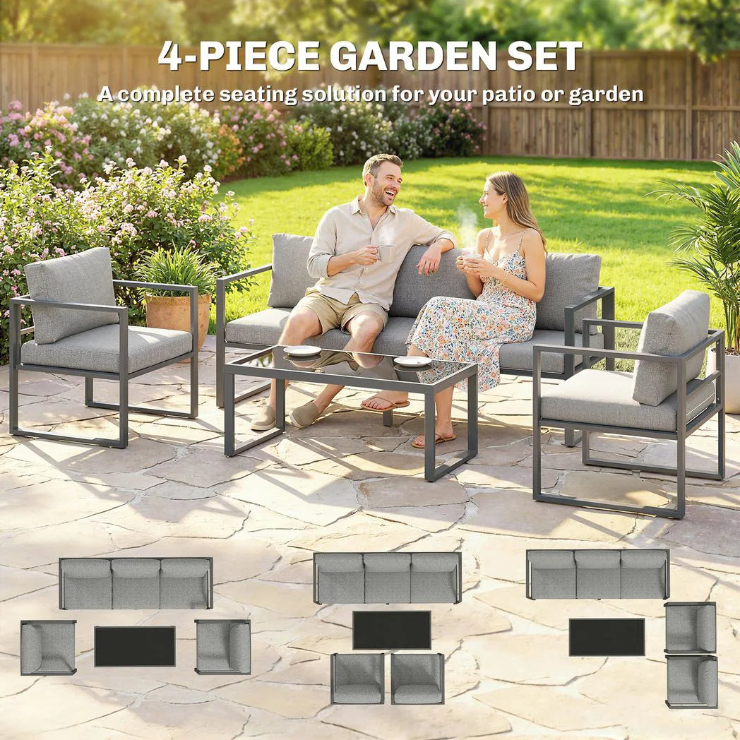 Outsunny 4 Piece Garden Furniture Set with 3-Seater Sofa, 2 Armchairs & Glass Coffee Table – Aluminium Patio Lounge
