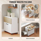 HOMCOM Folding Dining Table with Hidden Shelf & Cabinet, Rolling Drop Leaf – Space-Saving, White