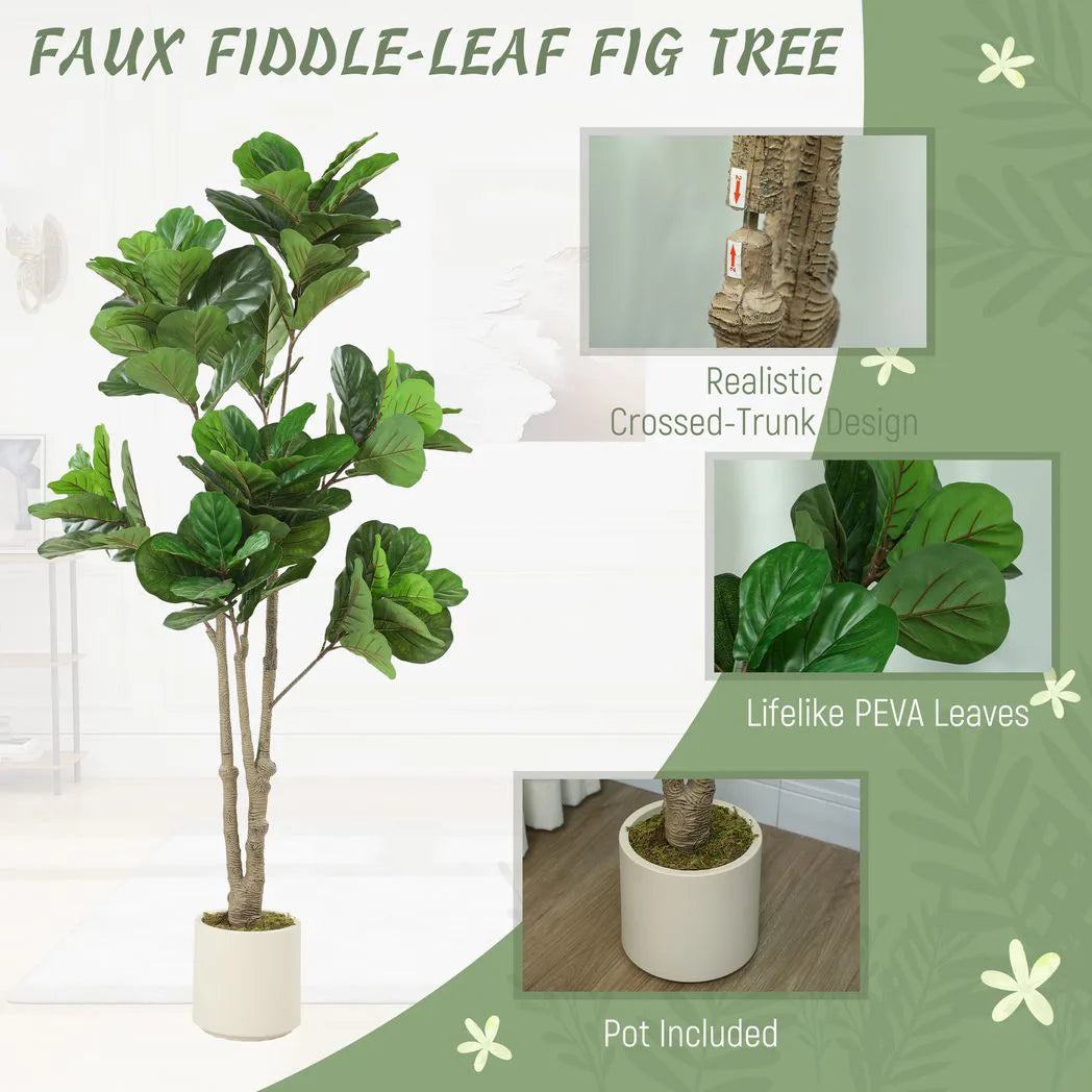 HOMCOM 180cm Artificial Fiddle Leaf Fig Tree with 98 Leaves and White Pot – Lifelike Faux Plant, Green