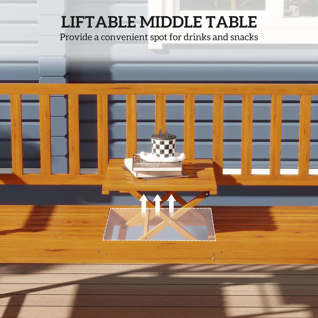 Outsunny Wooden Garden Bench with Liftable Middle Table – 2-3 Seater Pine Patio Loveseat for Porch and Garden, Light Brown