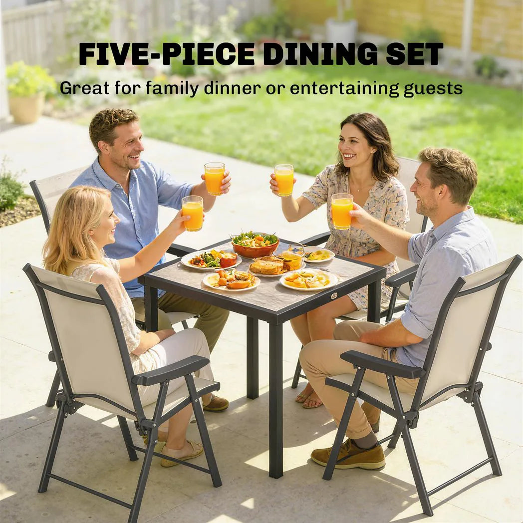 Outsunny 5 Piece Garden Dining Set for 4 – Square Faux Wood Table and Folding Mesh Armchairs, Brown