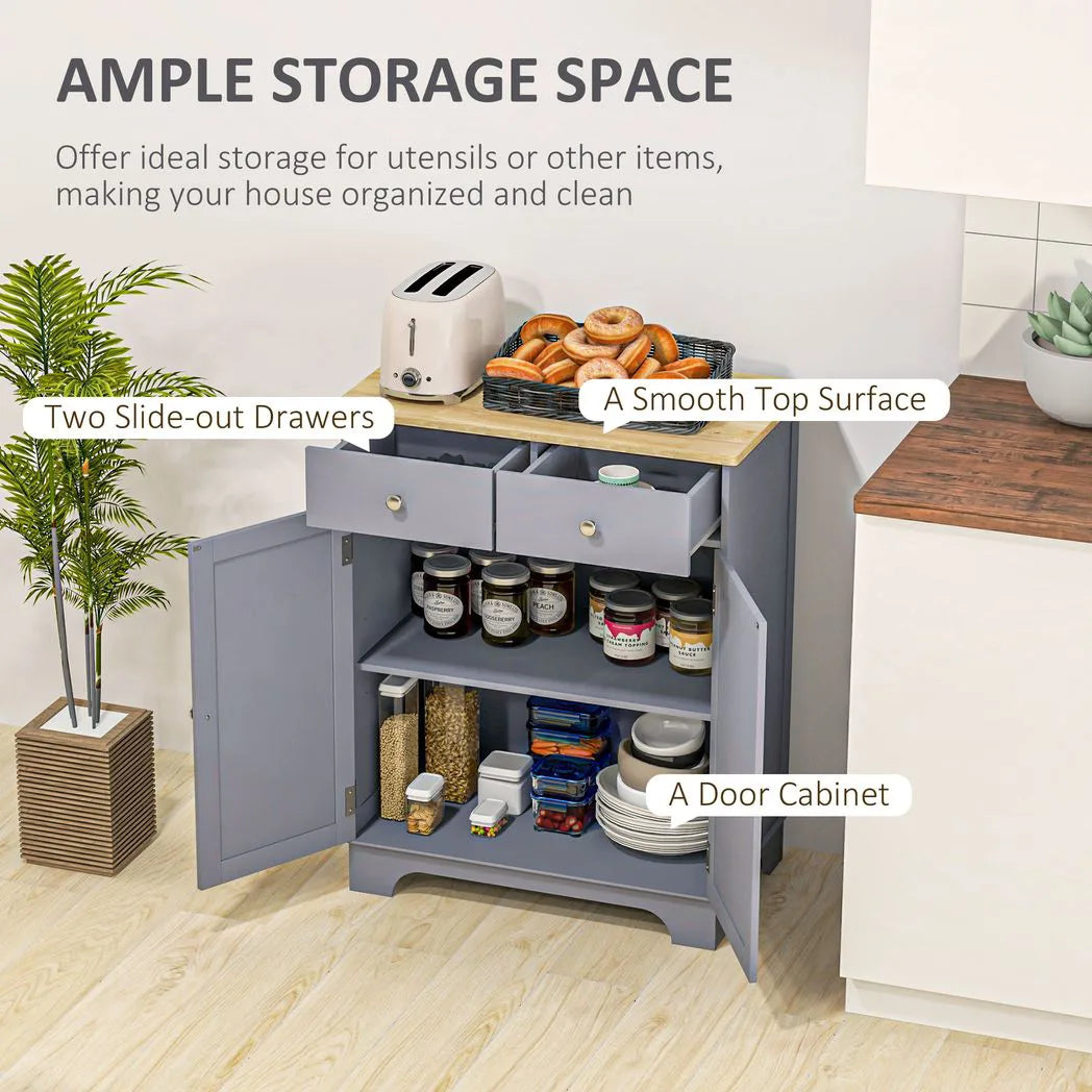 HOMCOM Kitchen Sideboard with Solid Wood Top, Adjustable Shelf & Drawers – Floor Storage Cabinet, Grey