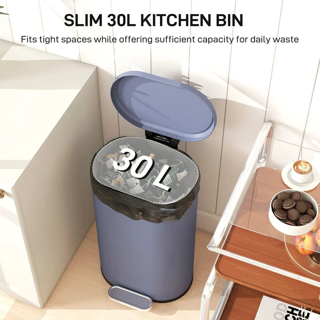 HOMCOM 30L Modern Curved Kitchen Bin with Soft-Close Stay-Open Lid and Removable Bucket – Pedal Bin, Grey