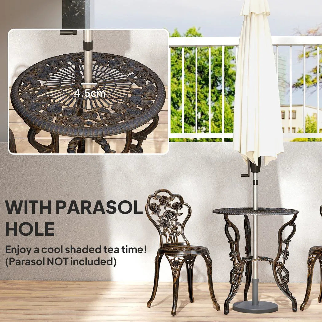 Outsunny 3 Piece Cast Aluminium Bistro Set with Parasol Hole – Antique Floral Table and 2 Chairs, Brown Tone