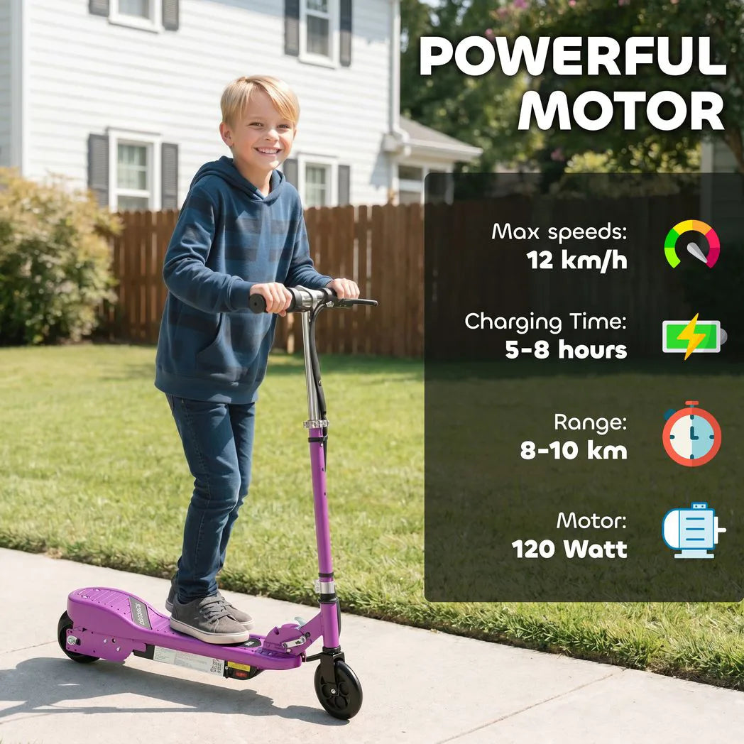 HOMCOM Foldable Electric Kids Scooter with Dual 12V Batteries, Adjustable Handlebar – Ride-On for Ages 7-14, Purple