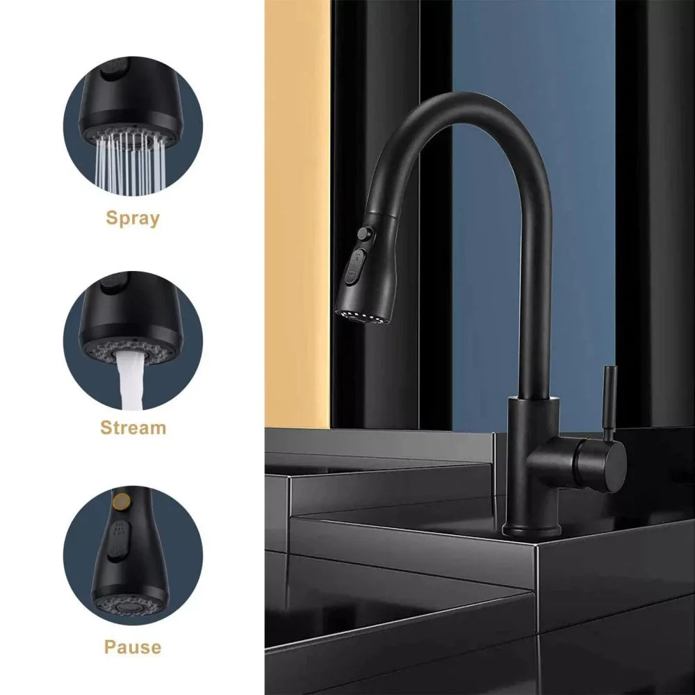 Modern Black Kitchen Sink Mixer Tap with Pull-Out Spray, 360-Degree Swivel and Single Lever – Brass Mono Tap