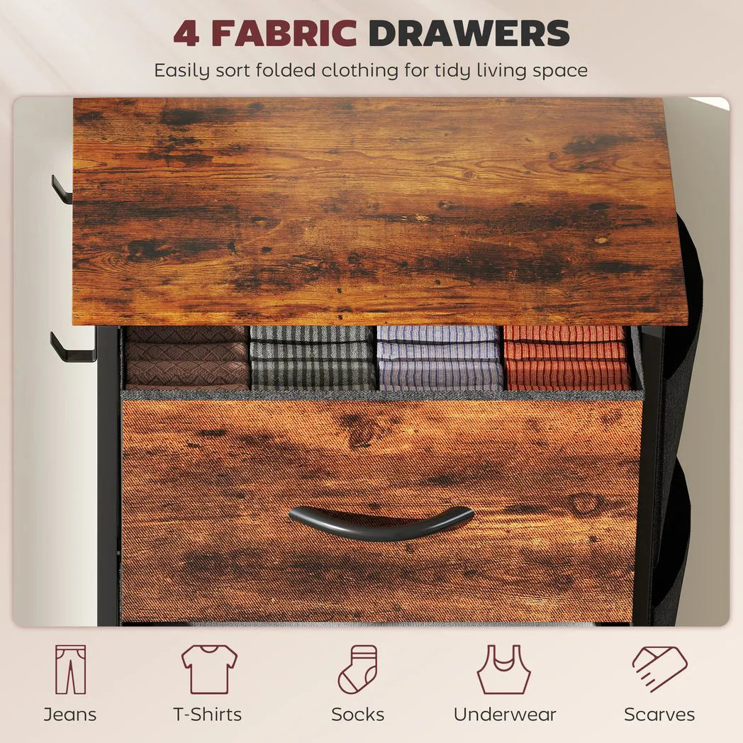 HOMCOM Four Fabric Drawer Chest with Steel Frame, Pockets and Anti-Tipping Kit – Rustic Brown